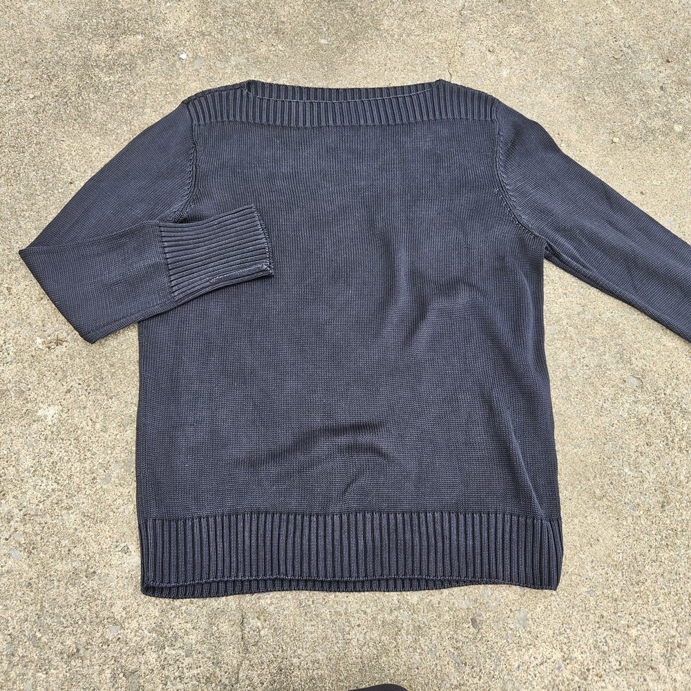 Lauren Ralph Lauren 100% Silk Knit XL Navy Blue Boat Neck Top Elegant Ribbed EUC - Picture 1 of 6